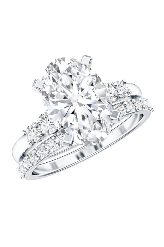 Lab Grown Diamond Bridal Ring Set - IGI Certified - E-VS1 Grade - 3 Carat Oval Engagement Ring with Enhancer, 925 Sterling Silver, US 4.00