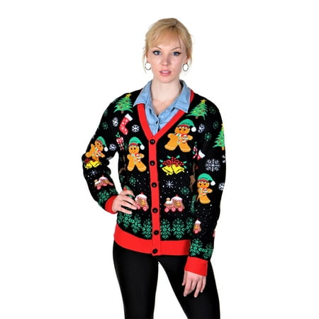 Ugly Christmas Suit Xxl SoCal Look Women's Ugly Christmas Sweaters Cardigan Gingerbread Black ()