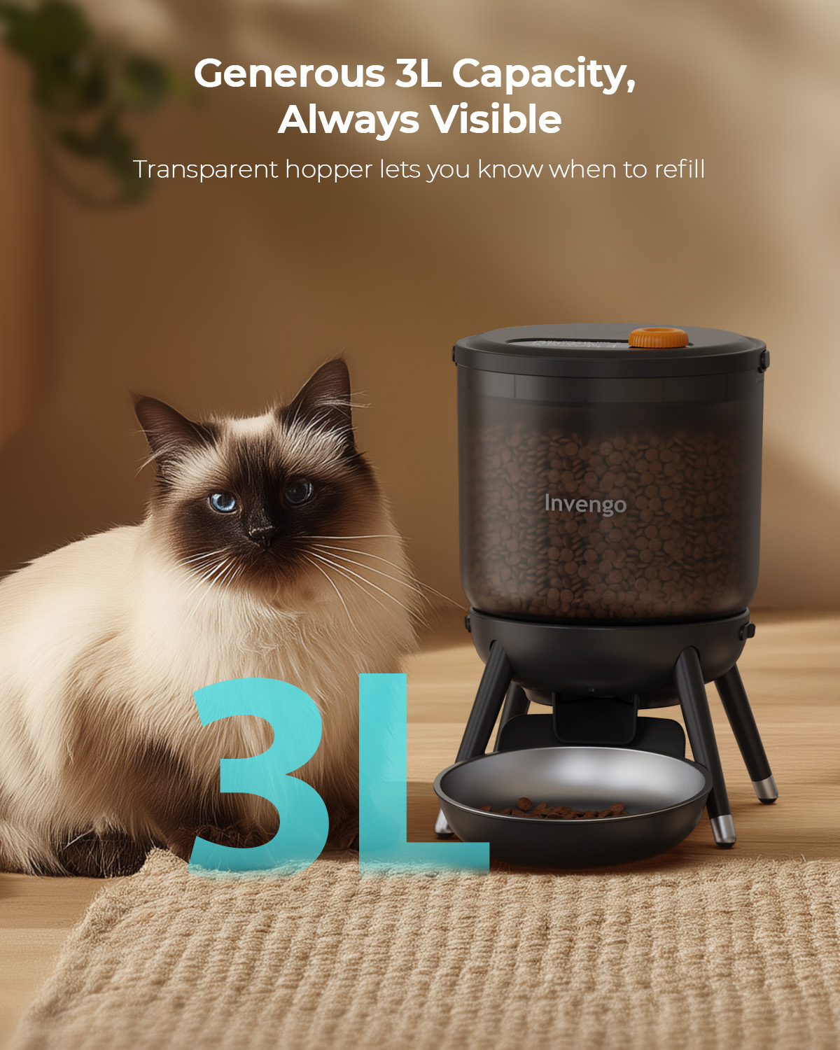 Automatic Cat Feeder, 12 Cups/3L Timed Cat Feeder One-Touch Top Button Feeding Pet Feeder, Food Dispenser with Top Button Manual Feed, Black