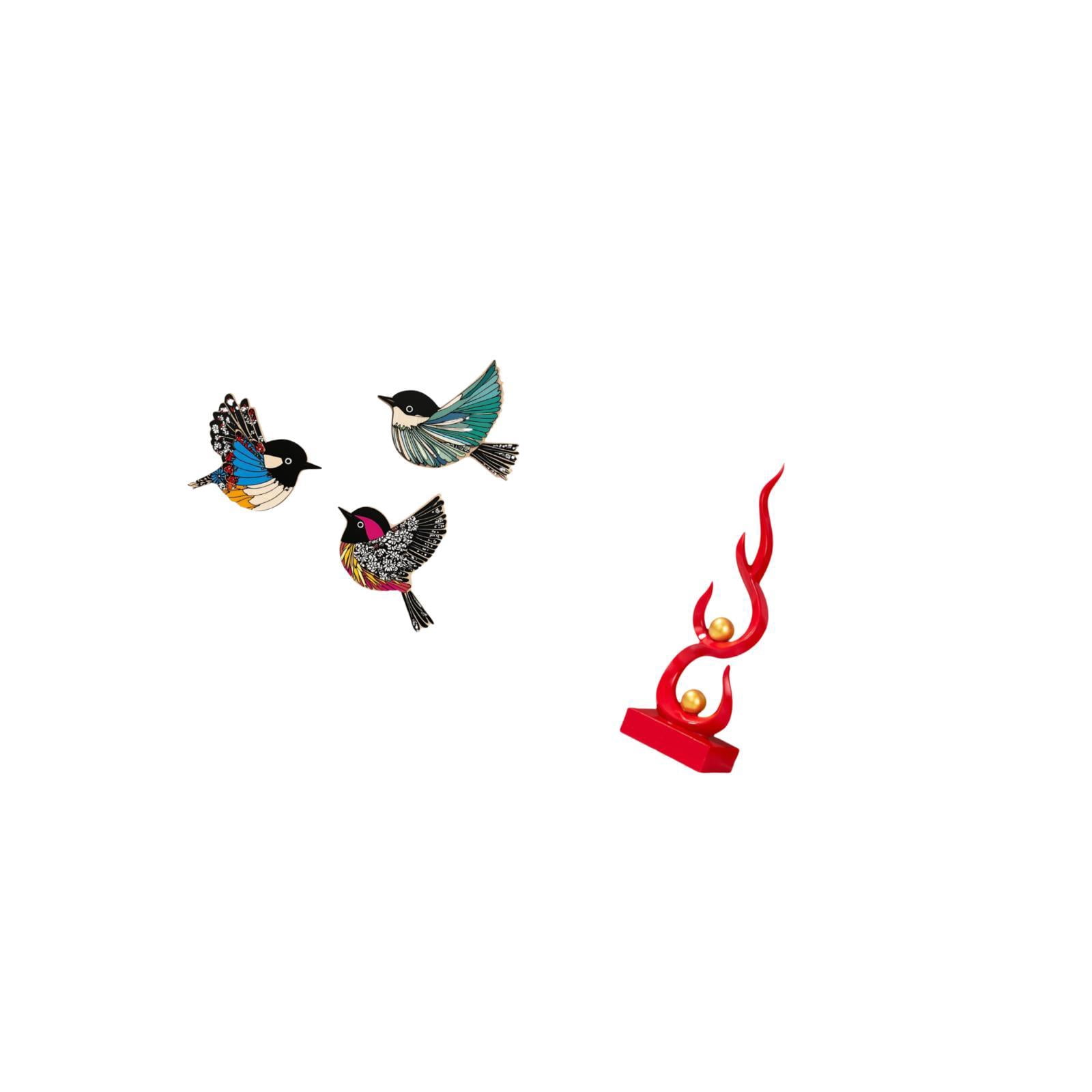 Dualoai Wooden Bird Wall Art and Abstract Fire Statue Resin Flame Figurine Modern Sculpture Craft for Garden Study Room Farmhouse Patio Office Decor