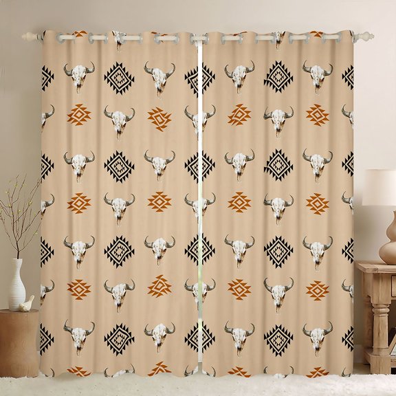 Manfei Western Cow Skull Blackout Curtains, Bohemian Aztec Curtains Pack of 2 (42x84 Each), Beige Black