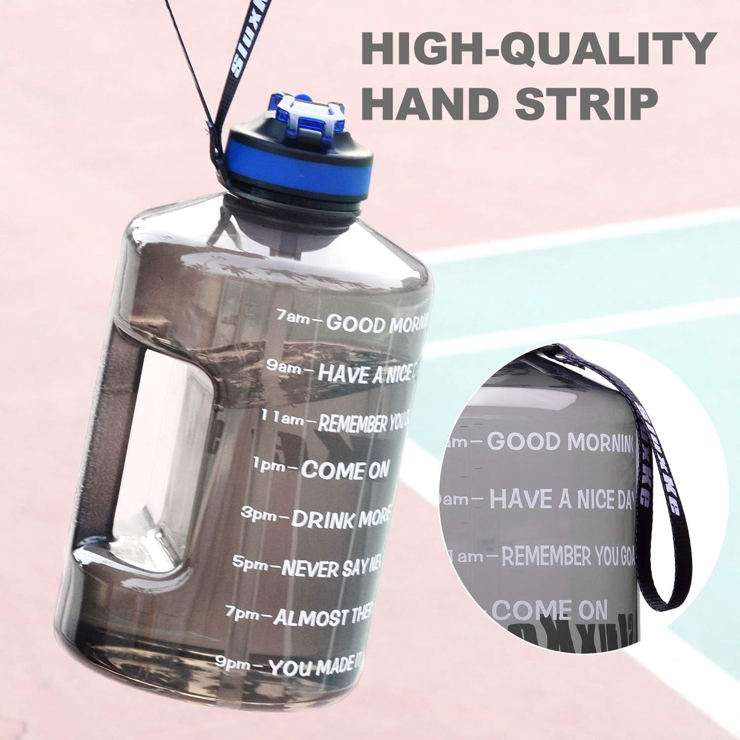 1 Gallon Motivational  Water Bottle with Time Marker,  128oz Leak Proof Jug, Black, Plastic, 128 ounces, Fitness, , Outdoor Activities