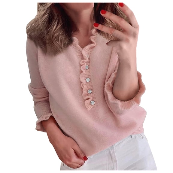 Sweaters for women Womens O-Neck Long Sleeve Oversized Sweaters Casual Solid Color Button Down Sweater Ruffle Knit Pullover Tops christmas sweater women