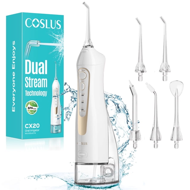 COSLUS CX20 Irrigador Dental de Agua para Dientes, Depósito de 300 Ml IPX7 a Prueba de Agua Portátil Recargable Irrigador Dental Oral para el Hogar y Viajes Blanco