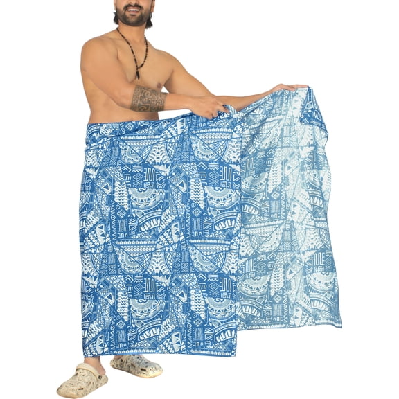 LA LEELA Men's Sulu Swimwear Samoan Cotton Linen Effect Pareo Beachwear Wrap Swimsuits For Men One Size Cobalt, Geometric Vacation