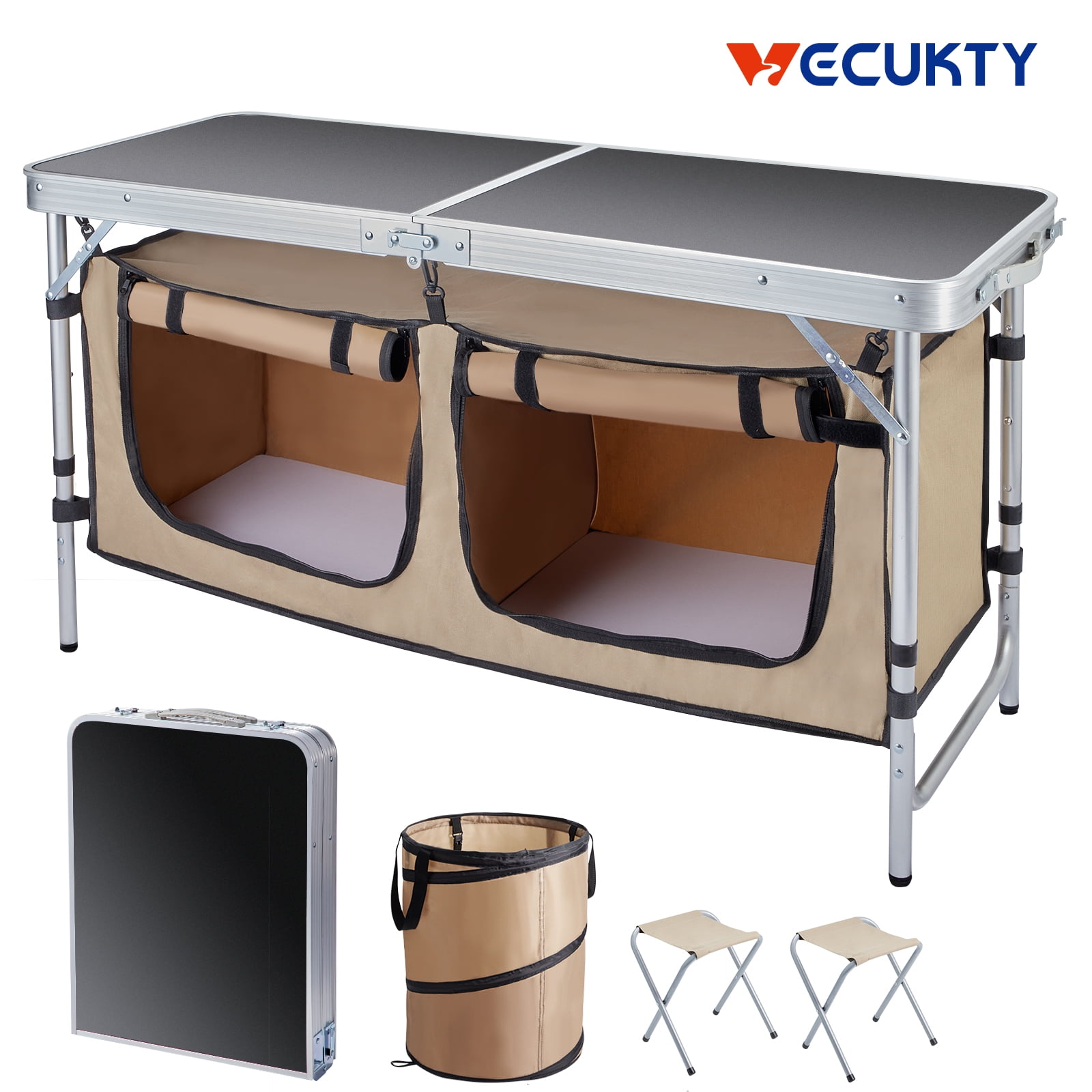 Folding Camping Table, Vecukty Camping Kitchen Station, Aluminum