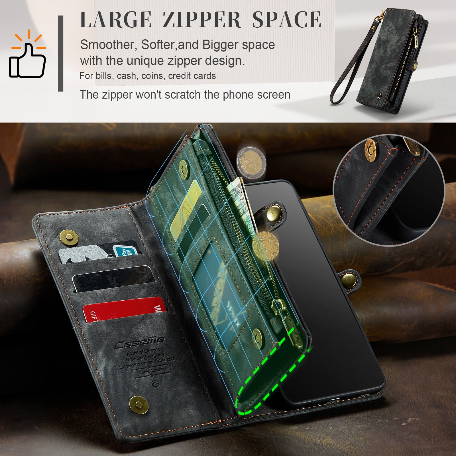 Feishell Durable 2-In-1 Magnetic Detachable Wallet Case for iPhone 11,for Women Men,Premium PU Leather Zipper Pocket Flip Multi Card Slots Purse Phone Case with Wrist Strap,Black