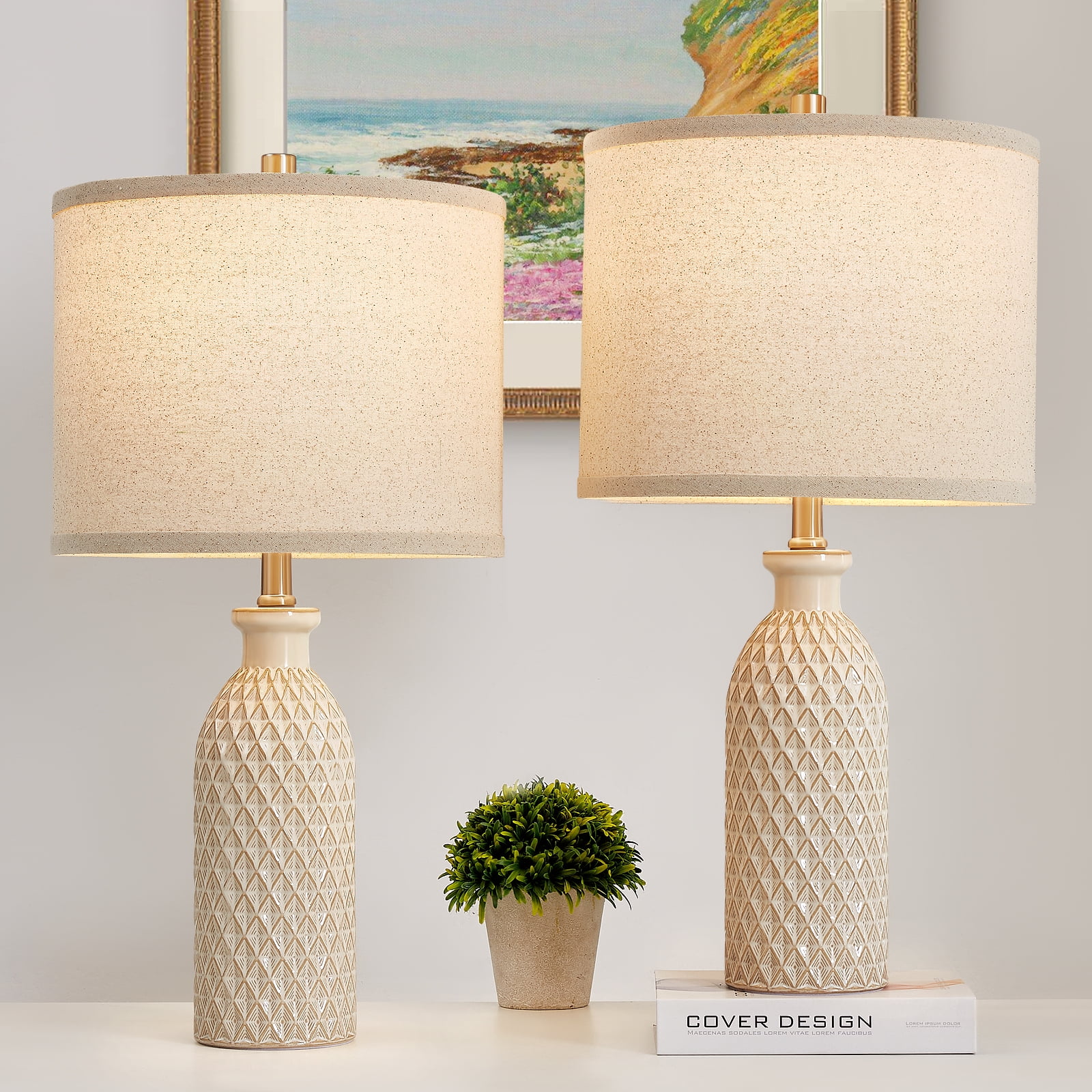 NATYSWAN Ceramic Table Lamps Set of 2, 24.8" Bedside Lamps with 3-Color Temperature, Modern Nightstand Lamp Desk Reading Lamp with Fabric Drum Shade for Bedroom, Living Room, Office, 2 Bulbs Included