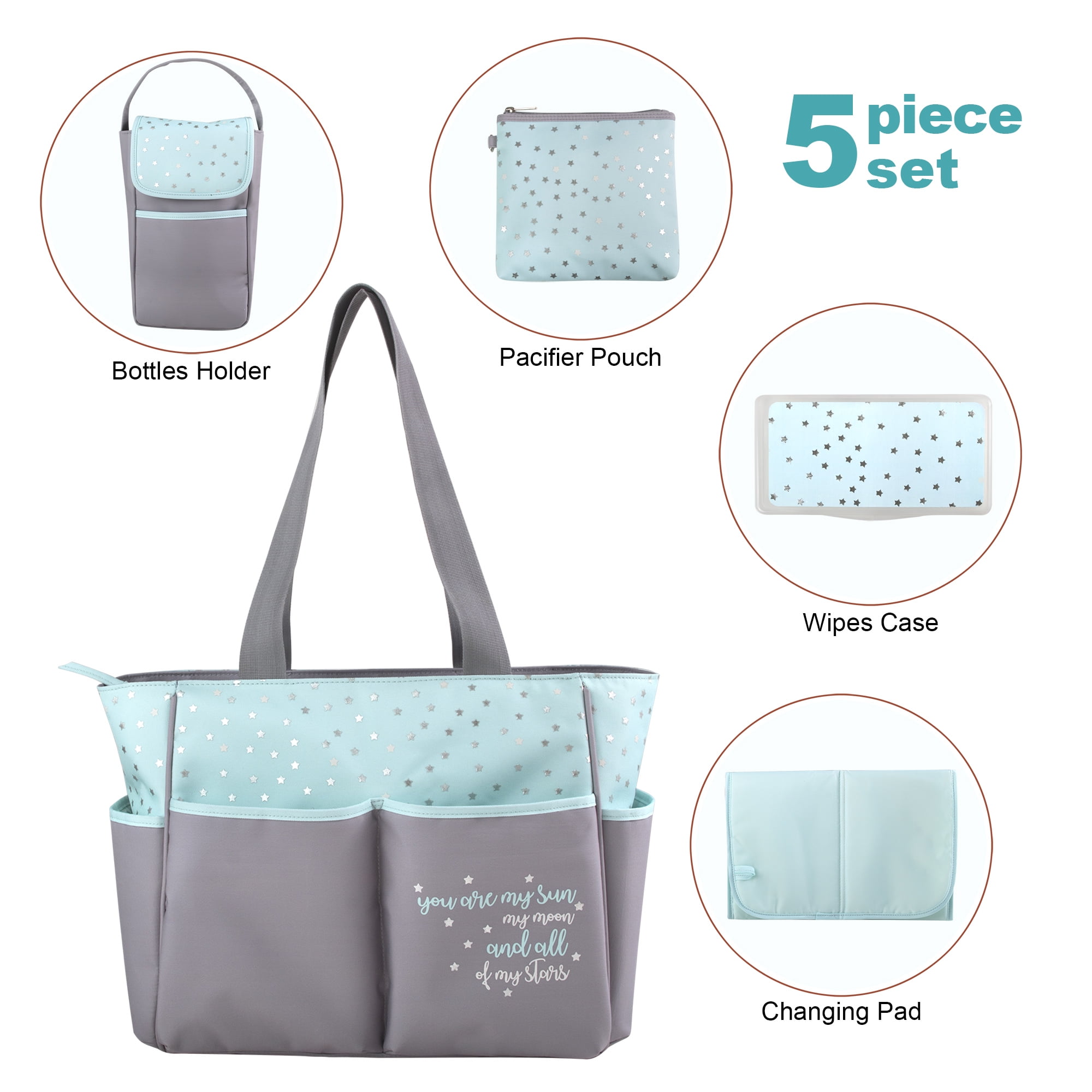Baby Essentials Stars 5-Piece Diaper Bag Set Color: green/gray Size: one size