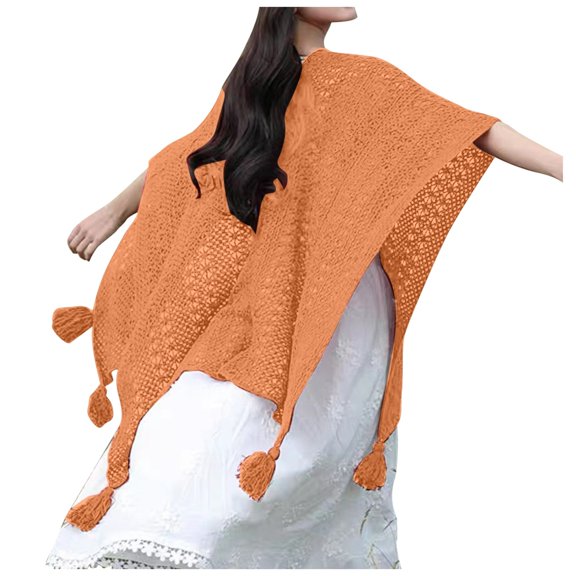 Ediodpoh Shawl Wraps for Women Winter Knitted Cardigan Casual Poncho Cape Open Front Sweater with Tassels Orange