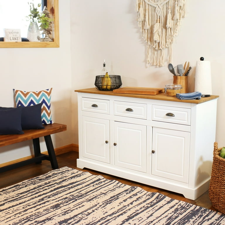 Solid Pine Sideboard with 3 Drawers and 3 Doors White Sunnydaze Decor