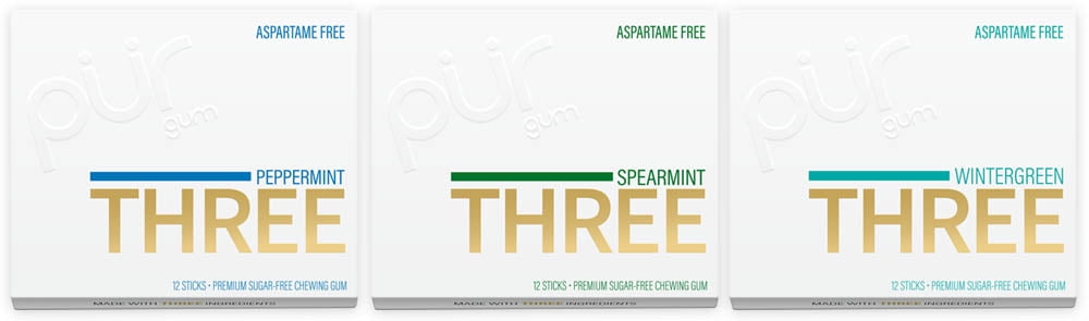 THREE Gum Sugar Free Chewing Gum with Xylitol - Natural Flavor Variety Pack - 12 Pieces (Pack of 3)