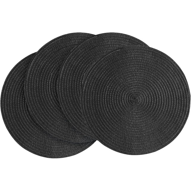 Set de 4 Individuales Redondos Trenzados 15 Pulgadas Algodón y Poliéster Resistente al Calor - Negro