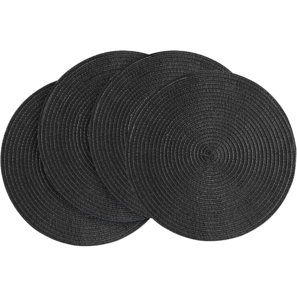 Set de 4 Individuales Redondos Trenzados 15 Pulgadas Algodón y Poliéster Resistente al Calor - Negro