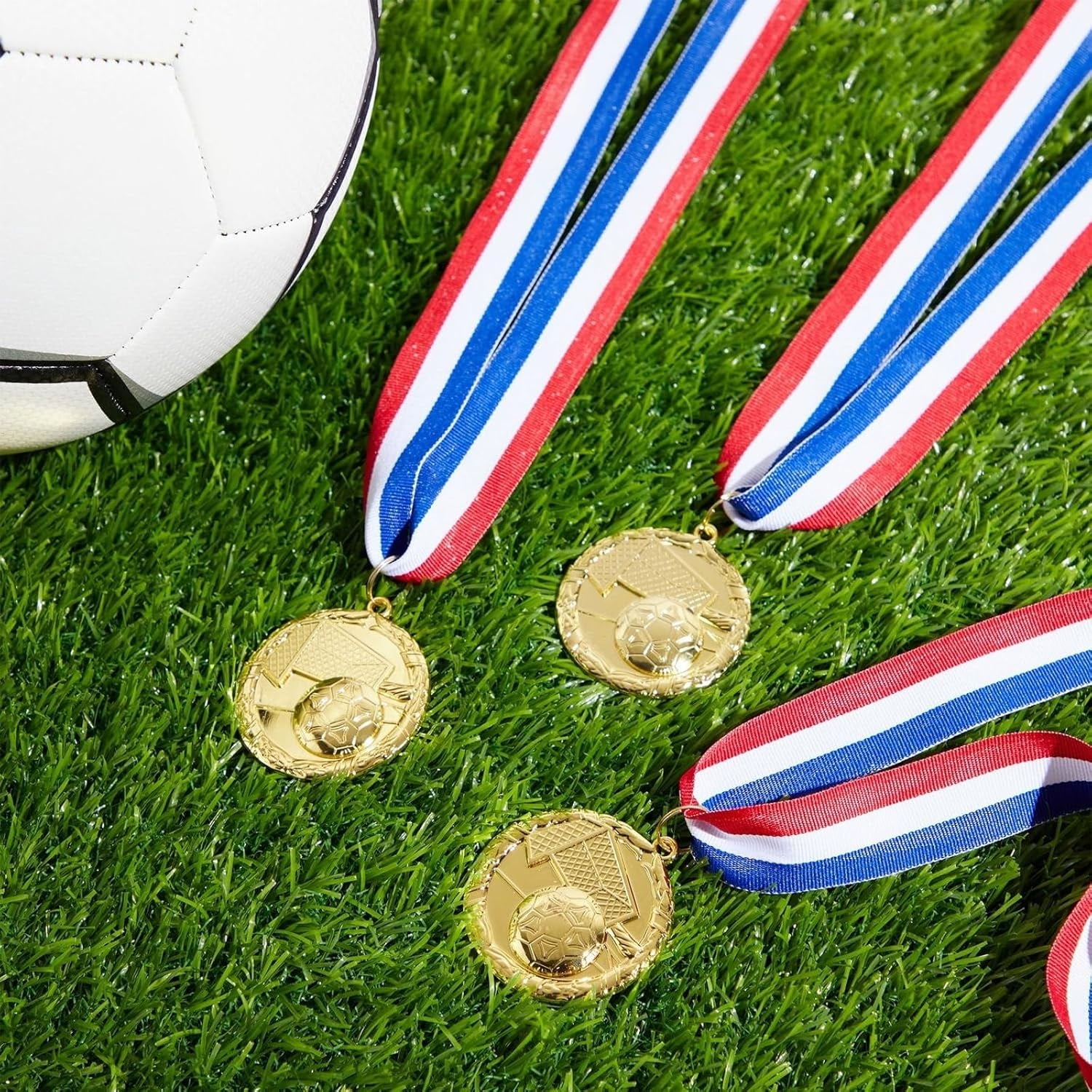 12 Pack Award Medals for Adults - Team Participation Trophies with Red, White, and Blue Striped Ribbon, Sports Themed Party Favors (2 in, Metal, Gold)