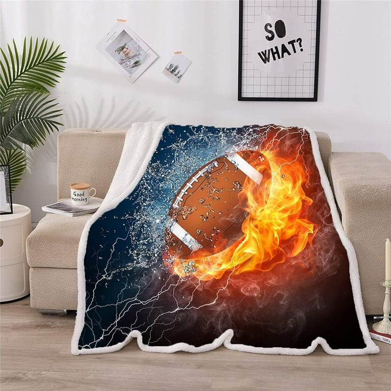 Football Blanket Soft Cozy Sherpa Water and Fire Sport Throw Blankets Football Gifts for Boys Kids Adult Plush Blanket for Couch Bed Sofa Home