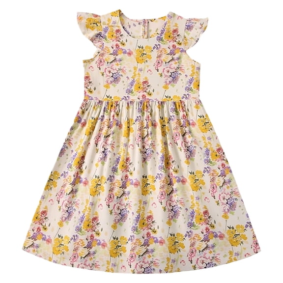 Iyufng Floral Printed Dresses for Girls A-line Dress with Ruffled Sleeves