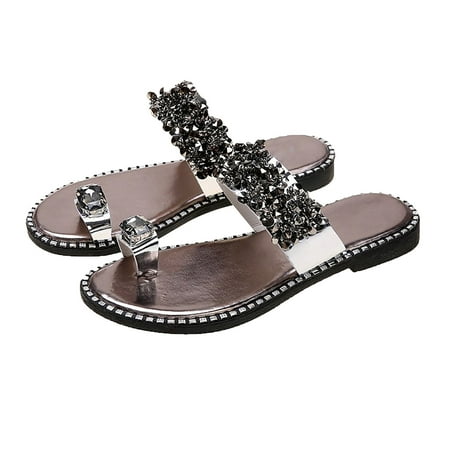 

Lyinloo Women Shoes Solid Color Rhinestone Women s Low-heeled Sandals Fashion Flip Flop Silver 40