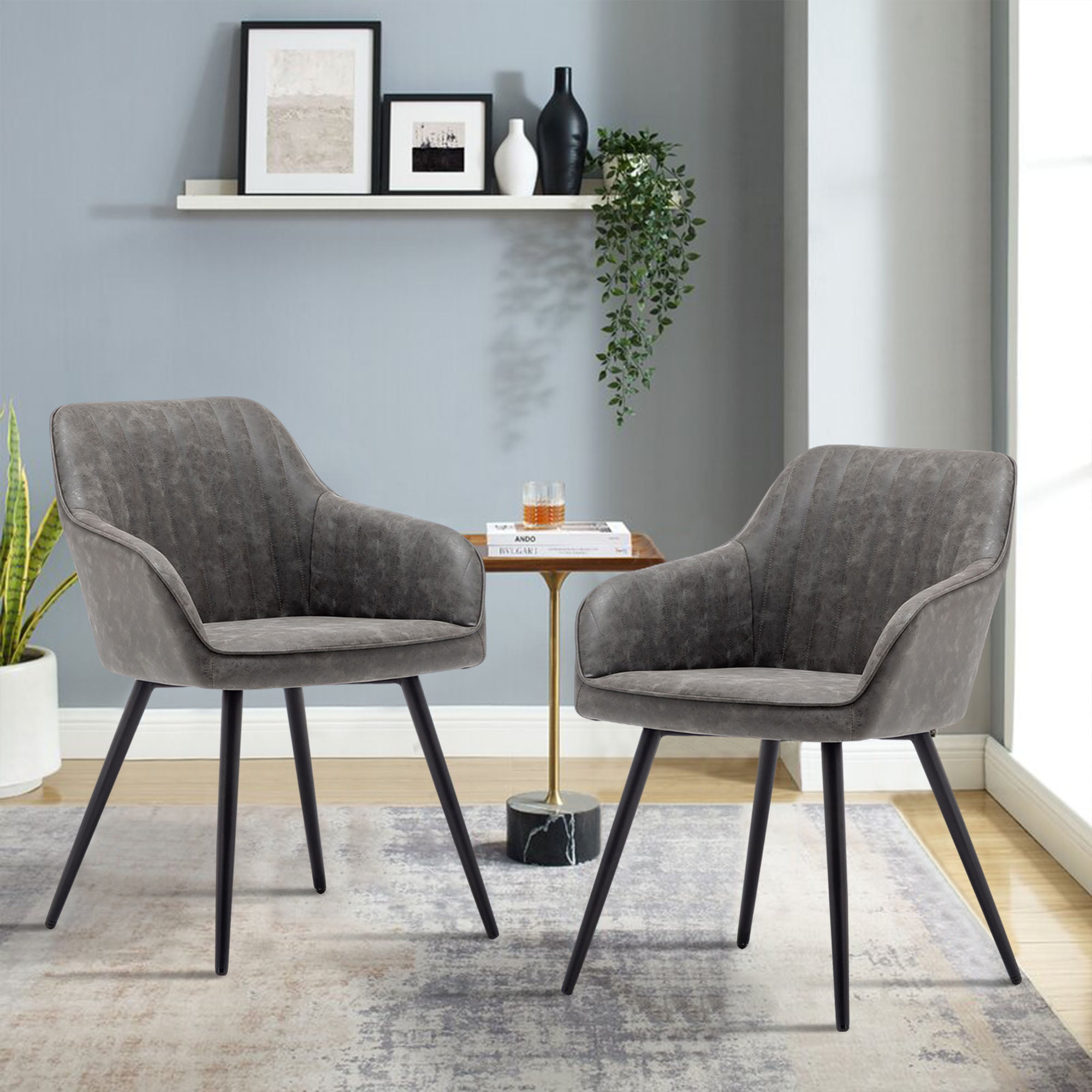 Office Cafe Set Dining with (Grey) Andeworld of Faux for Home Leather Legs Room Kitchen Arm Chairs Bistro 2, Metal Living Accent Chairs