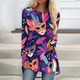 thumbnail image 2 of Mardi Gras Shirts for Women Sparkly Feathers Print Long Sleeve Tops Mask Print Crew Neck Novelty Graphic Tee Dark Blue XL, 2 of 5