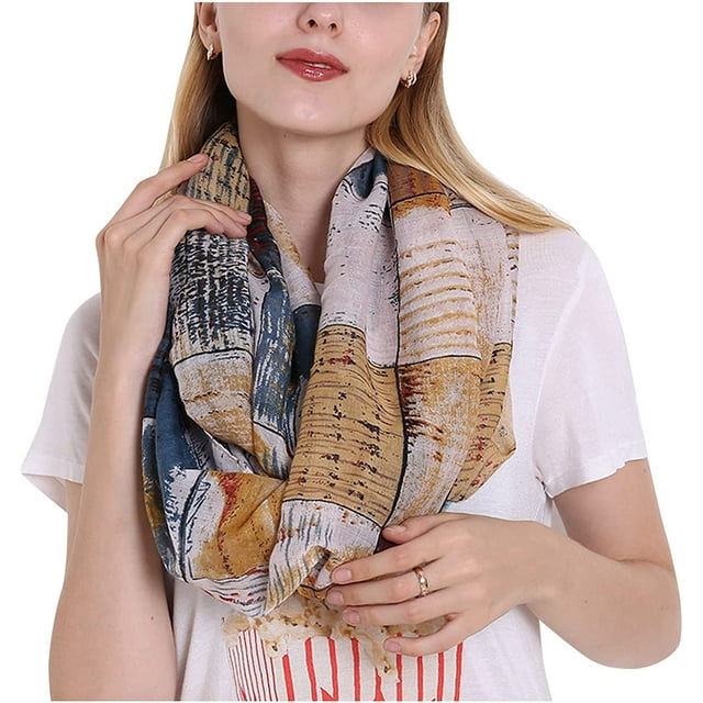Plaid Infinity Scarf for Women Thin Retro Printed Loop Scarves Voile Circle Scarf Summer Yellow One Size