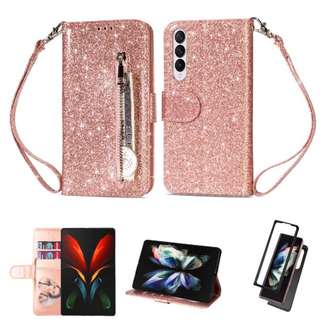 Case for FOXDOCK Samsung Galaxy Z Fold3 5G Glitter Zipper Wallet Case with Short Hand Strap