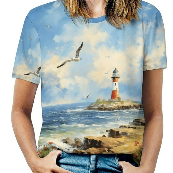 Lighthouse Sunrise Coast Scenery Pale Blue Tan Women's T-Shirt Short Sleeve T Shirts Tops Tee Ladies Loose T