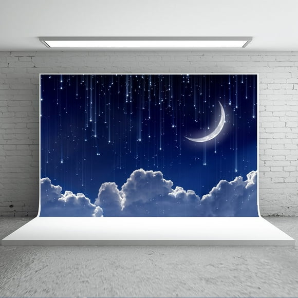 EREHome Polyester Fabric 7x5ft Children Photo Studio Background Royal Blue Glitter Backdrops for Photography Moon Stars White Cloud Backdrop