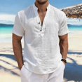 thumbnail image 2 of Gaukiv Men's Band Collar Shirts Short Sleeve Linen Blouses Relaxed Tops White M, 2 of 5