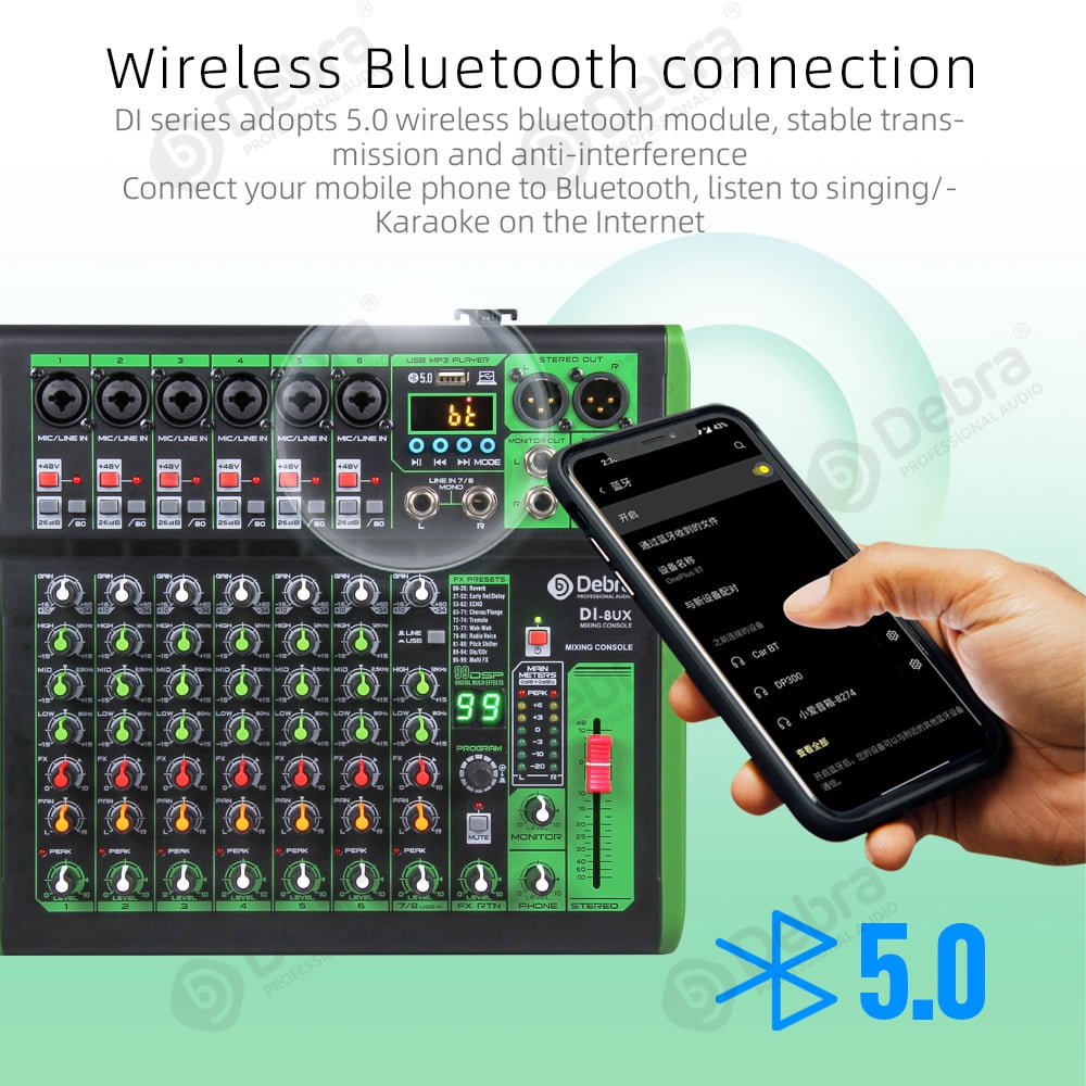 D Debra DI-UX Series Professional Portable Recording Mixer Audio with 99 DSP Digital Effects and USB for DJ Mixer Console Karaoke Home Recording Studio (DI-8UX 8 channels)
