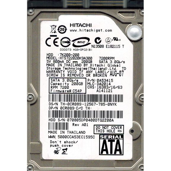 Hitachi HTS722020K9A300 P/N: 0A53415 MLC: DA2014 200GB
