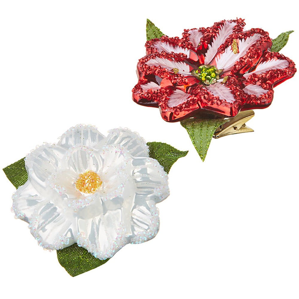 Raz Imports 4.5Inch ClipOn Christmas Flower Ornament, Assortment of 2