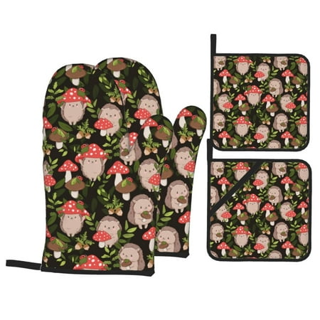 

Oven Mitts and Pot Holders 4 pcs Set Edgehog and Mushrooms Heat Resistant Pot Holders Oven Mitts for kitchen Non-Slip Hanging Loop Oven Glove Potholders for Baking Cooking