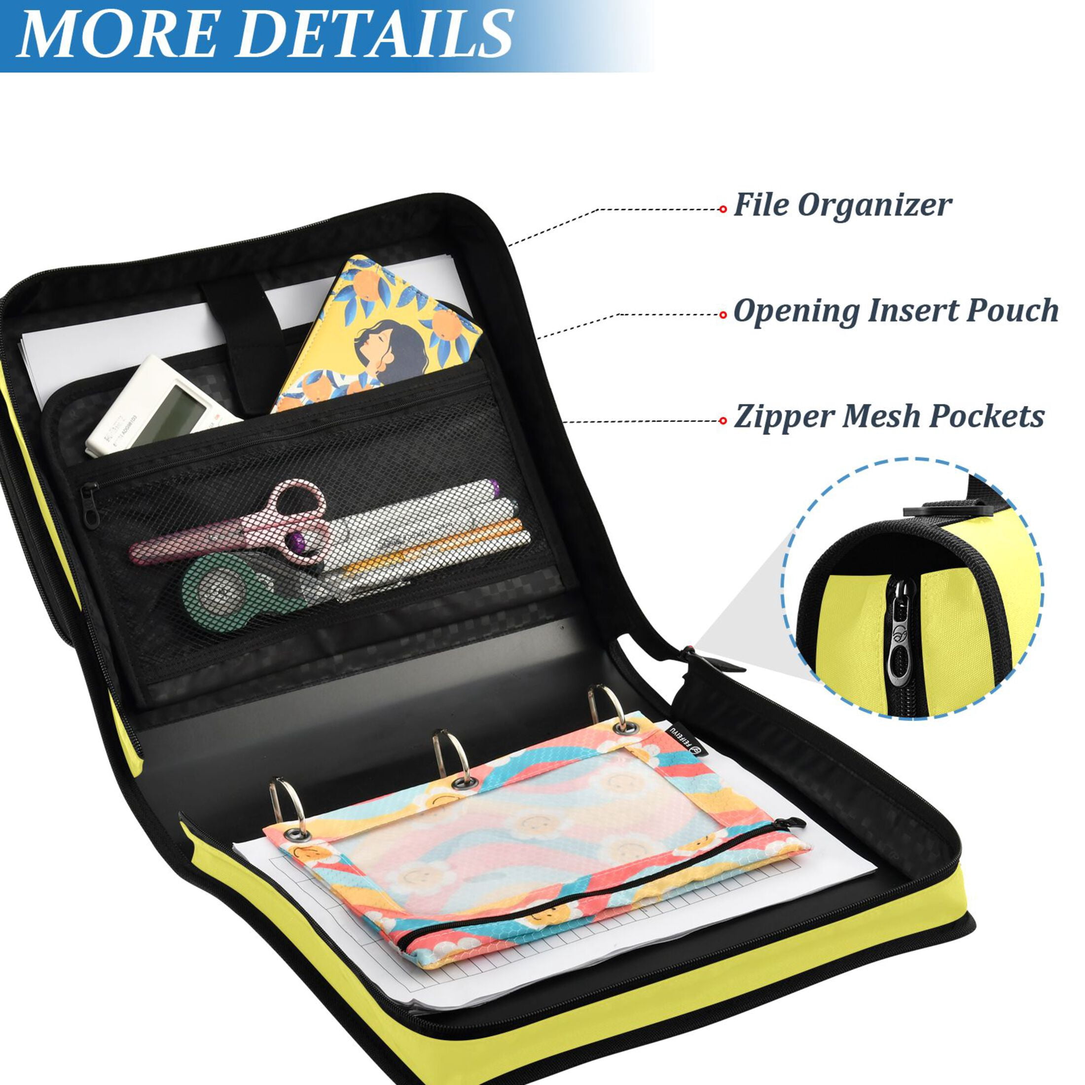ALAZA Zipper Binder Yellow 3 Ring Trapper Keeper File Folder Organizer Bag