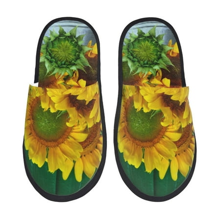 Balery Sunflowers in Bucket Slient Indoor Furry Fleece Comfort House Shoes Soft Non-Slip Home Shoes Cotton slippers House Slippers-- Large