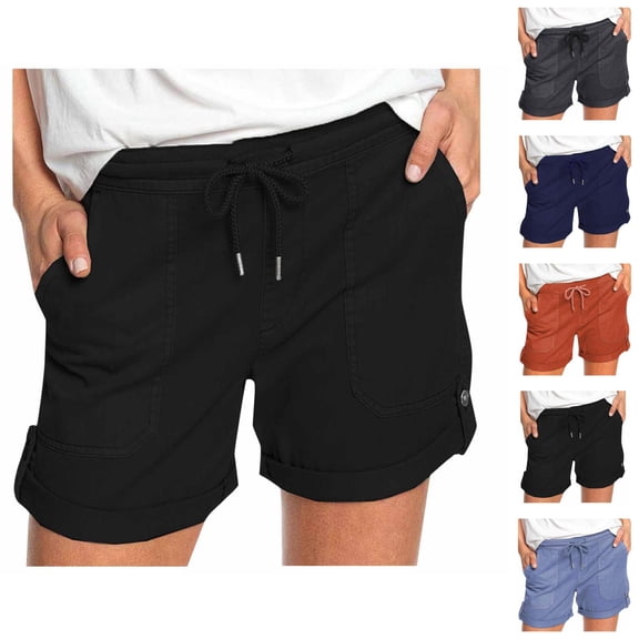 Shorts for Women 2026 Summer Elastic Waist Drawstring Straight Leg Casual Shorts with Pockets