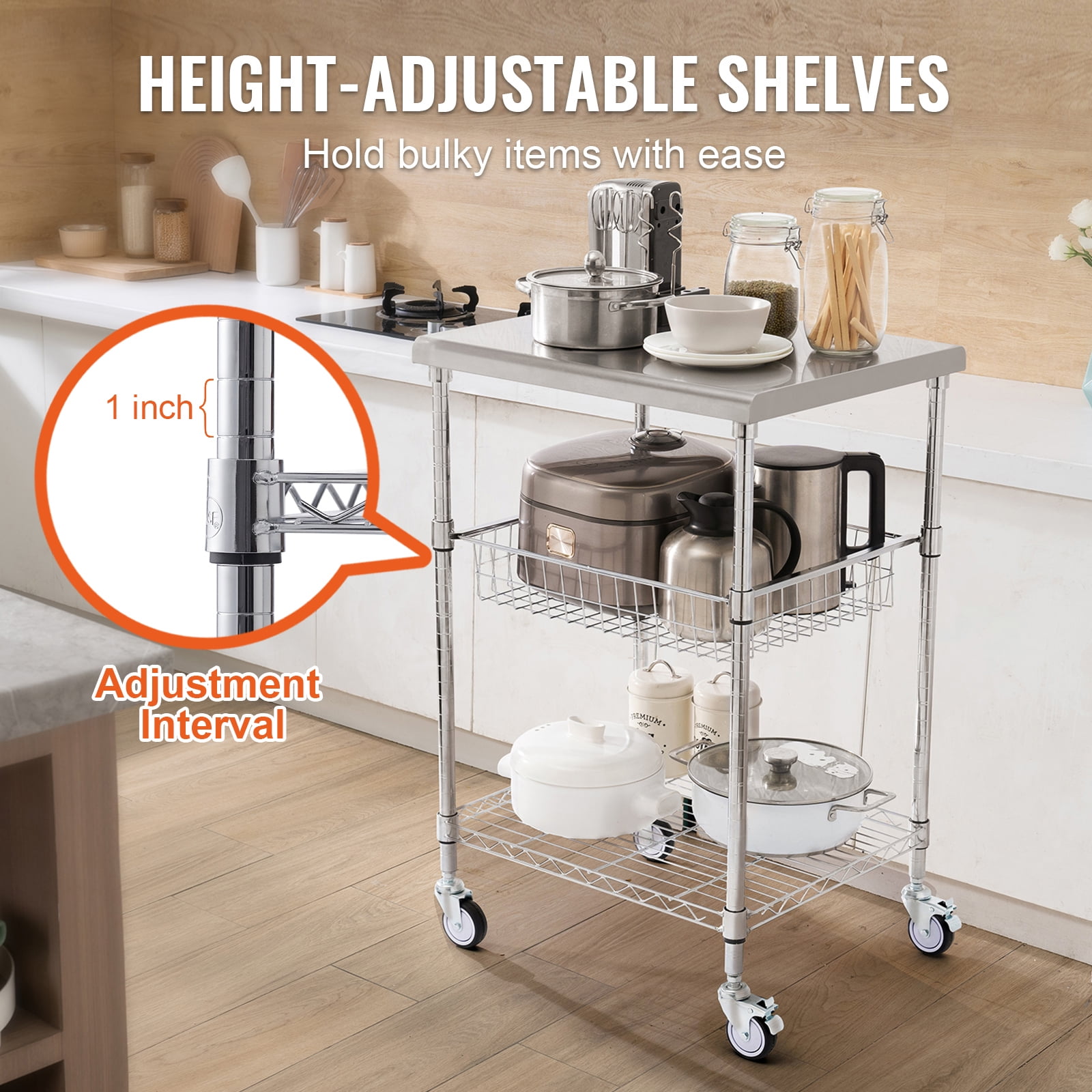 VEVOR Kitchen Utility Cart,3 Tiers, Wire Rolling Cart with 470LBS Capacity,Steel Service Cart on Wheels, Metal Storage Trolley with 76mm Basket Curved Handle PP Liner 6 Hooks, for Indoor and Outdoor