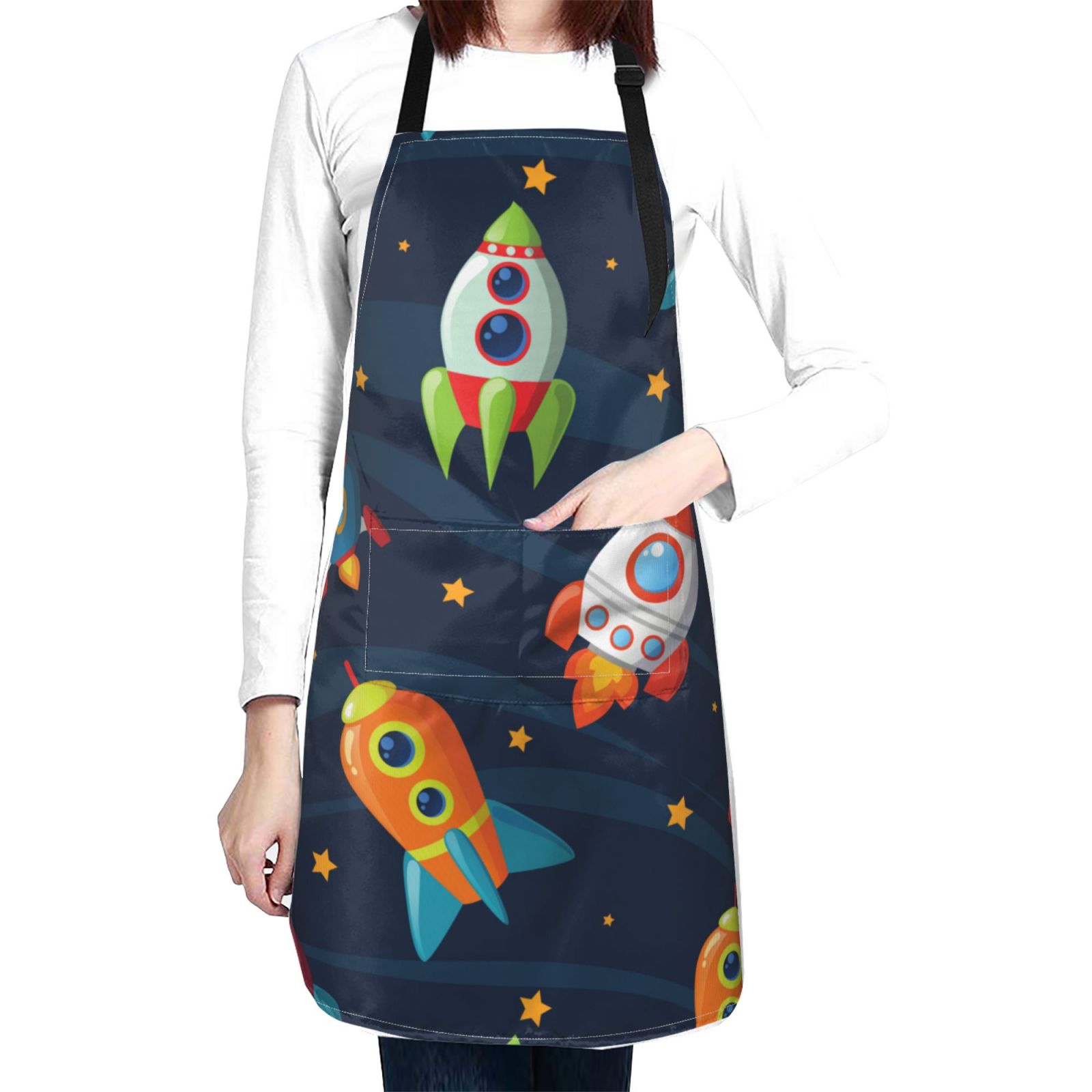 Kdxio Spaceships and Stars Apron with Pockets Adjustable Kitchen Aprons for Men Women Waterproof Aprons for Cooking,Drawing,Crafting, Baking Household Cleaning