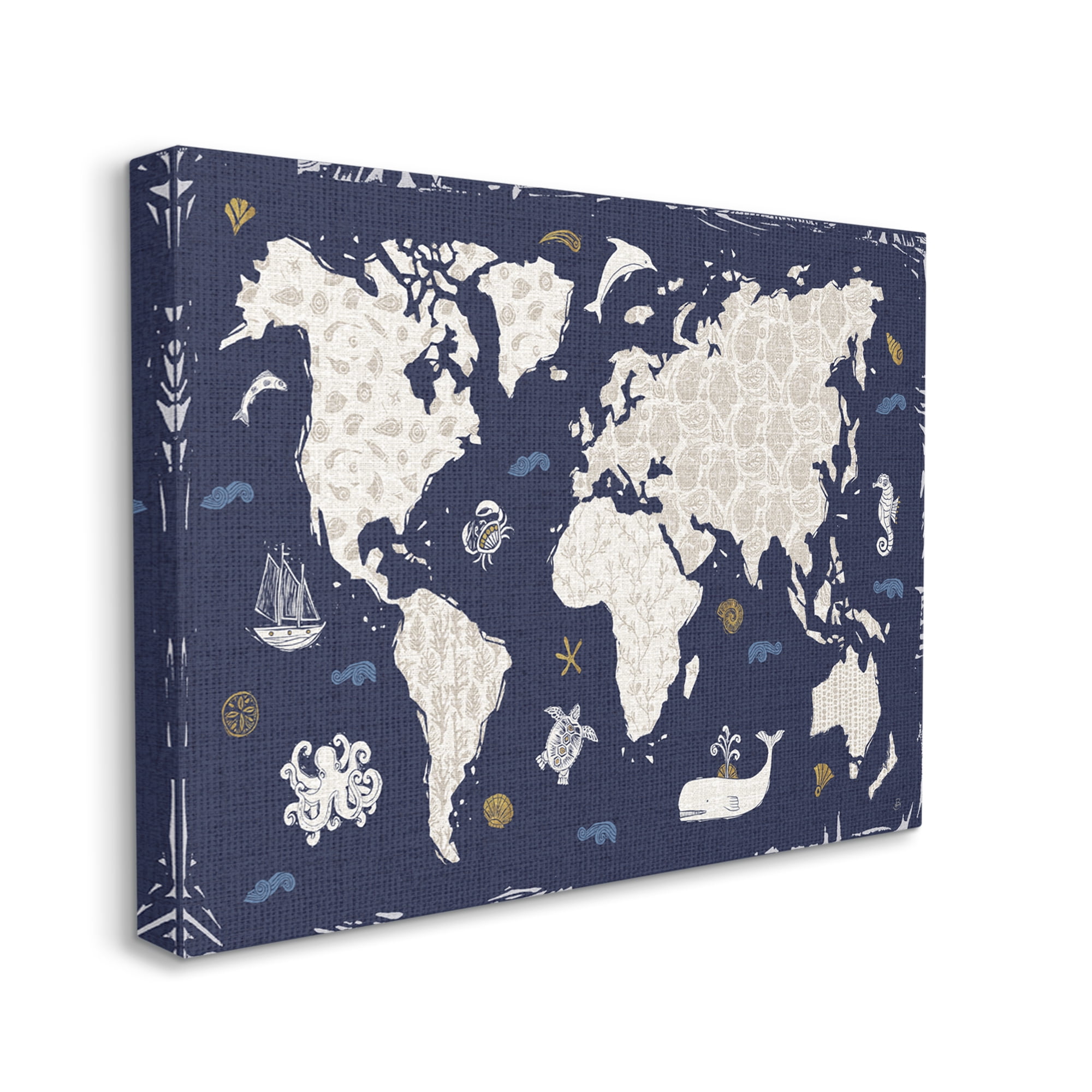 Stupell Industries Blue Patterned World Map Animals & Insects Painting Gallery Wrapped Canvas Print Wall Art, 20 x 16
