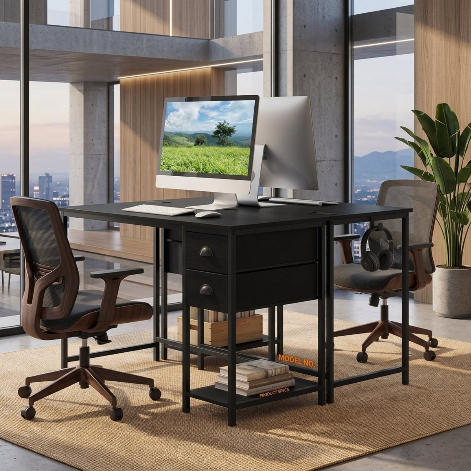 Furnibear Computer Desk with Charging Station and 2 Fabric Drawers, 38 Inch Small Home Office Desk with Headphone Hook and Metal Frame, Black