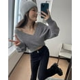 thumbnail image 5 of Womens Long Sleeve V Neck Sweaters Cross Wrap Front Off Shoulder Knit Crop Top Pullover, 5 of 7