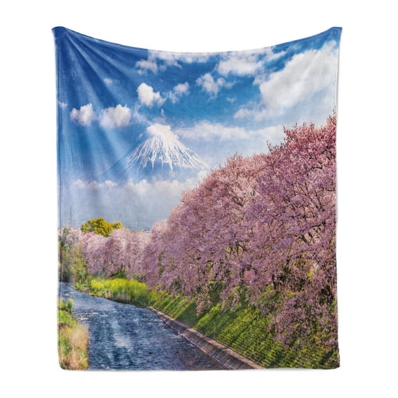 Mountain Soft Flannel Fleece Throw Blanket, View of River and Clear Sky with Cherry Blossoms, Cozy Plush for Indoor and Outdoor Use, 60" x 80", Azure Blue Pale Pink, by Ambesonne