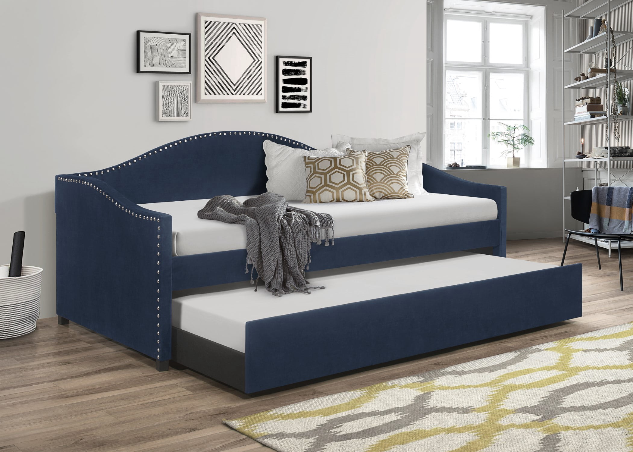 Home Design Clanton Twin Daybed with Pull-Out Trundle, Polyester Upholstery, Nailhead Trim, French Country Design, Stylish and Practical for Living Room or Guest Room, Blue