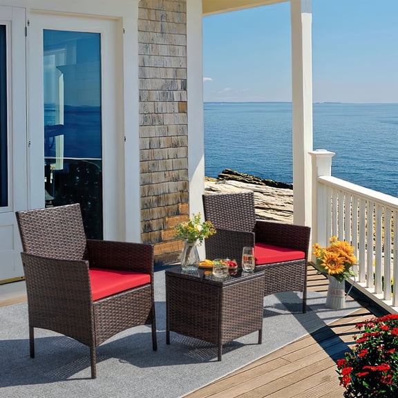 Homall 3 Pieces Patio Furniture Set Outdoor PE Rattan Wicker Patio Conversation Set Bistro Set with Tempered Glass and Cushioned Chairs, Brown/Red