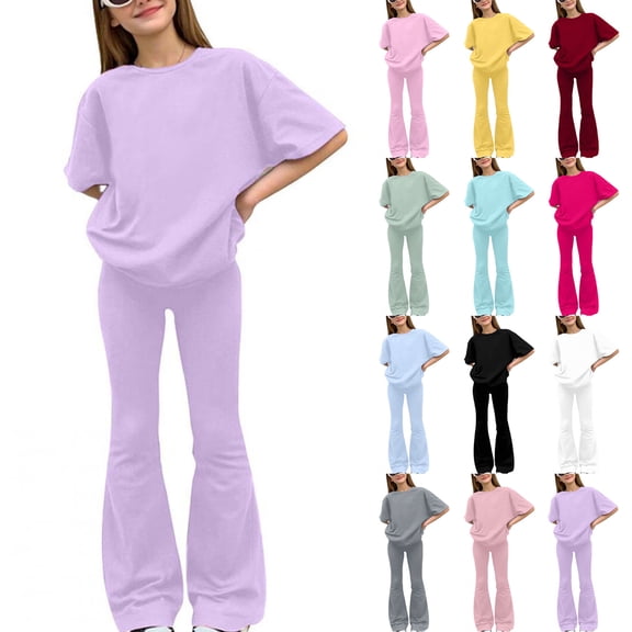Girls 2 Piece Outfits Kids Oversized Short Sleeve T-Shirts and Flare Pants Sets Summer Casual Sweatsuits 8-13 Years