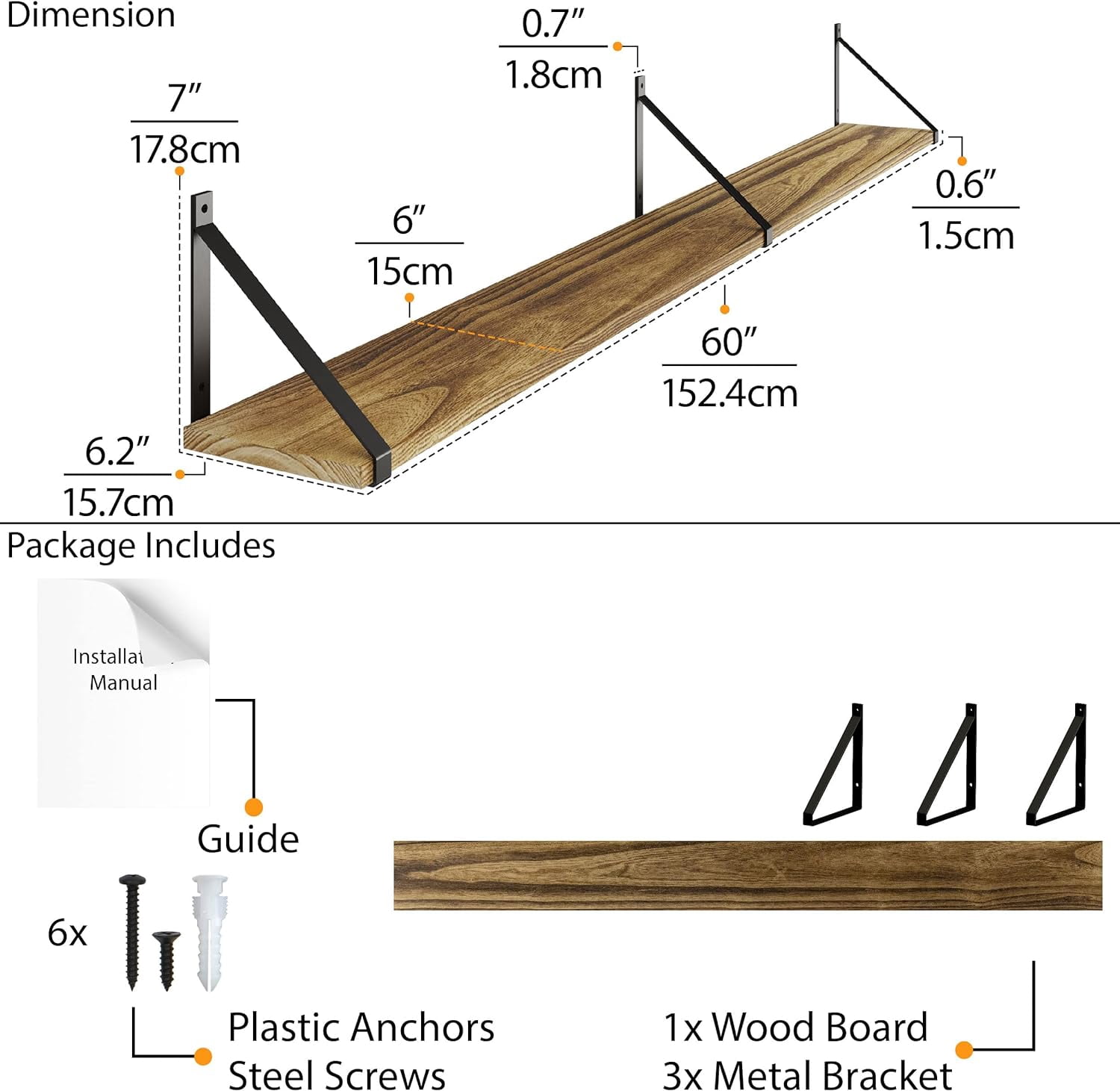 Wallniture Bora 60"x6" Rustic Floating Shelves, Wall Bookshelf Living Room Decor, Wall Shelf for Bedroom, Dining Room, Kitchen, Burnt Finish, Wood