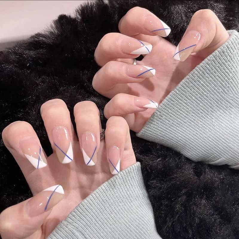 24 Pcs Press on Nails Short Fake Nails Luxury Crystal Acrylic Stick on Nails Tips Artificial Finger Manicure with Adhesive Tape for Women and Girls (White Blue) 24 Pcs Press on Nails Short Fake Nails Luxury Crystal Acrylic Stick on Nails Tips Artificial Finger Manicure with Adhesive Tape for Women and Girls (White Blue)