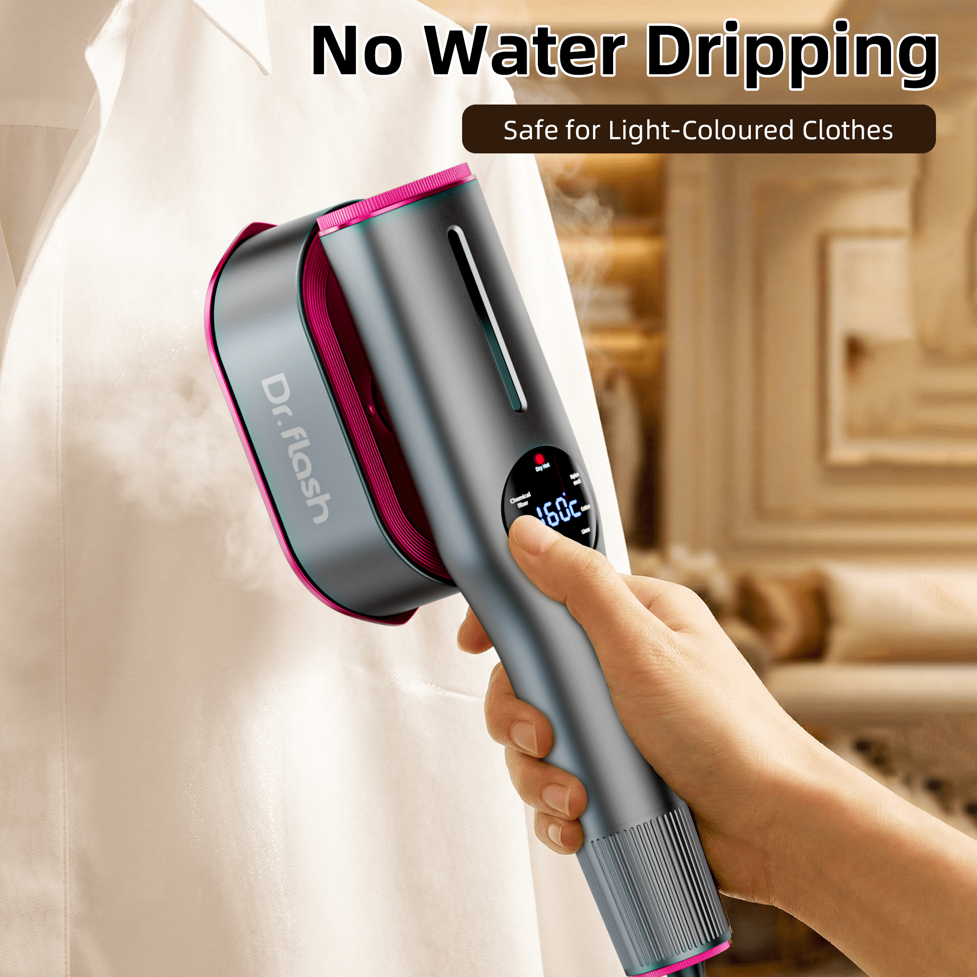Dr Flash 1200W Handheld Garment Steamer, Portable Clothes Steamer with LED Display, 7 Settings, 90 Degree Swivel Handle for Home and Travel