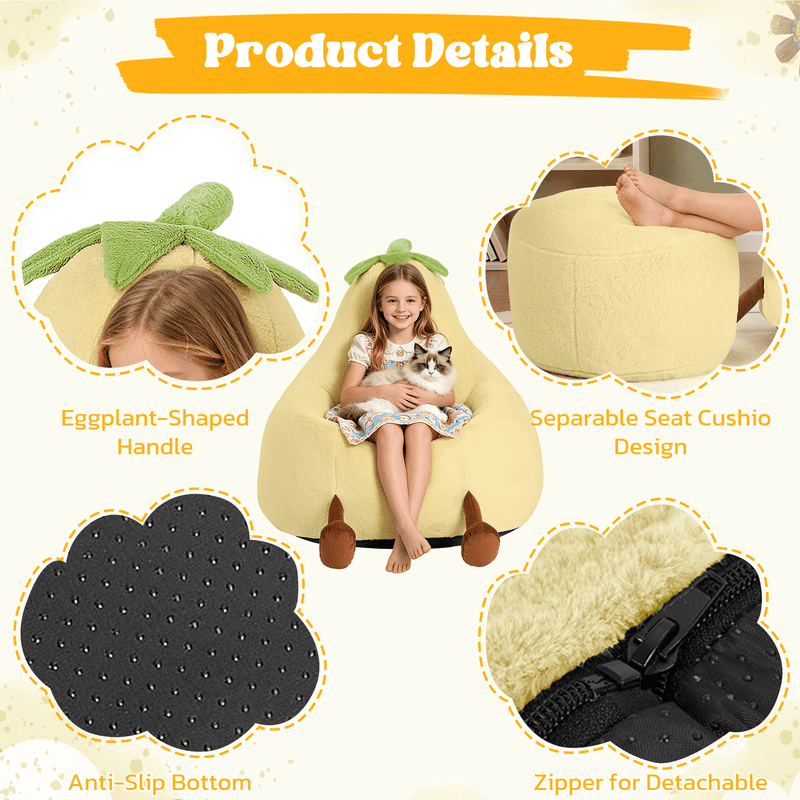 Simple Deluxe 2.5 ft Kids Bean Bag Chair, Faux Rabbit Fur Round Sofa with Handle and Washable Cover, Yellow