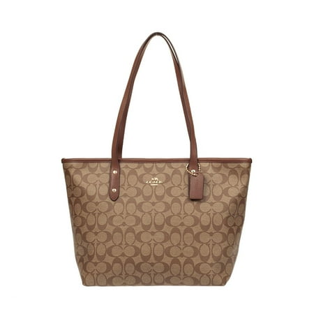 Coach F58292 Signature City Zip Top Large Tote Khaki Saddle Leather (Best Place To Sell Coach Purses)